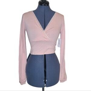 Bp long sleeve V neck faux wrap lace trim crip top pink small NWT